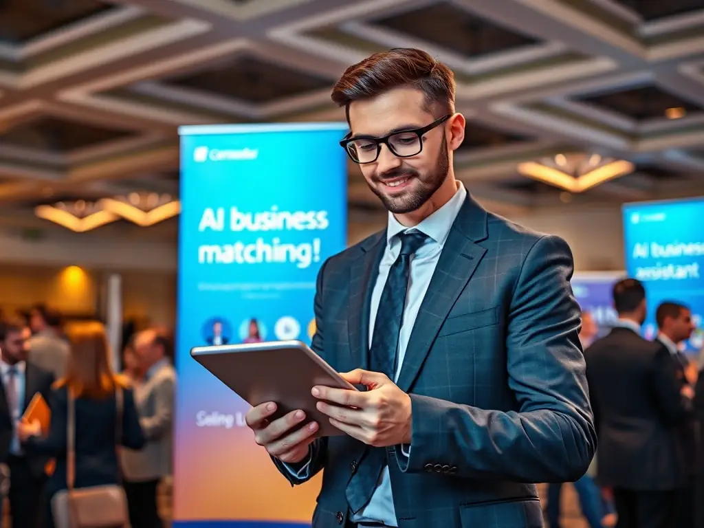 A professional in a business suit confidently using a tablet at a networking event, showcasing the AI business matching assistant in action.