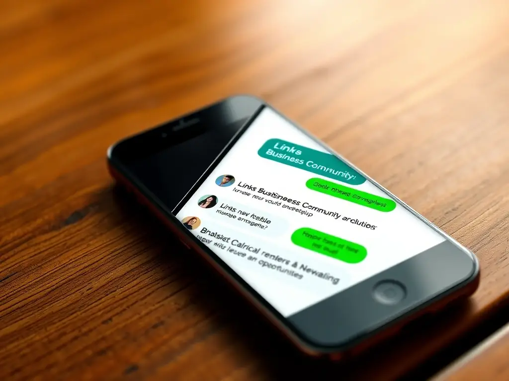 A smartphone displaying the Links Business Community WhatsApp broadcast group, highlighting member interactions and shared opportunities.