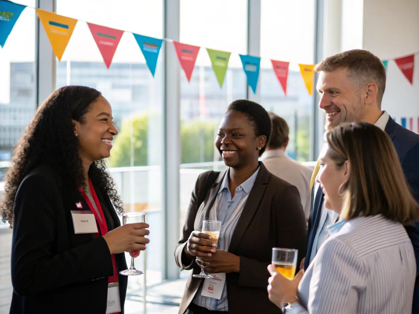 A group of diverse professionals actively participating in a lively happy hour event, symbolizing the networking opportunities available.